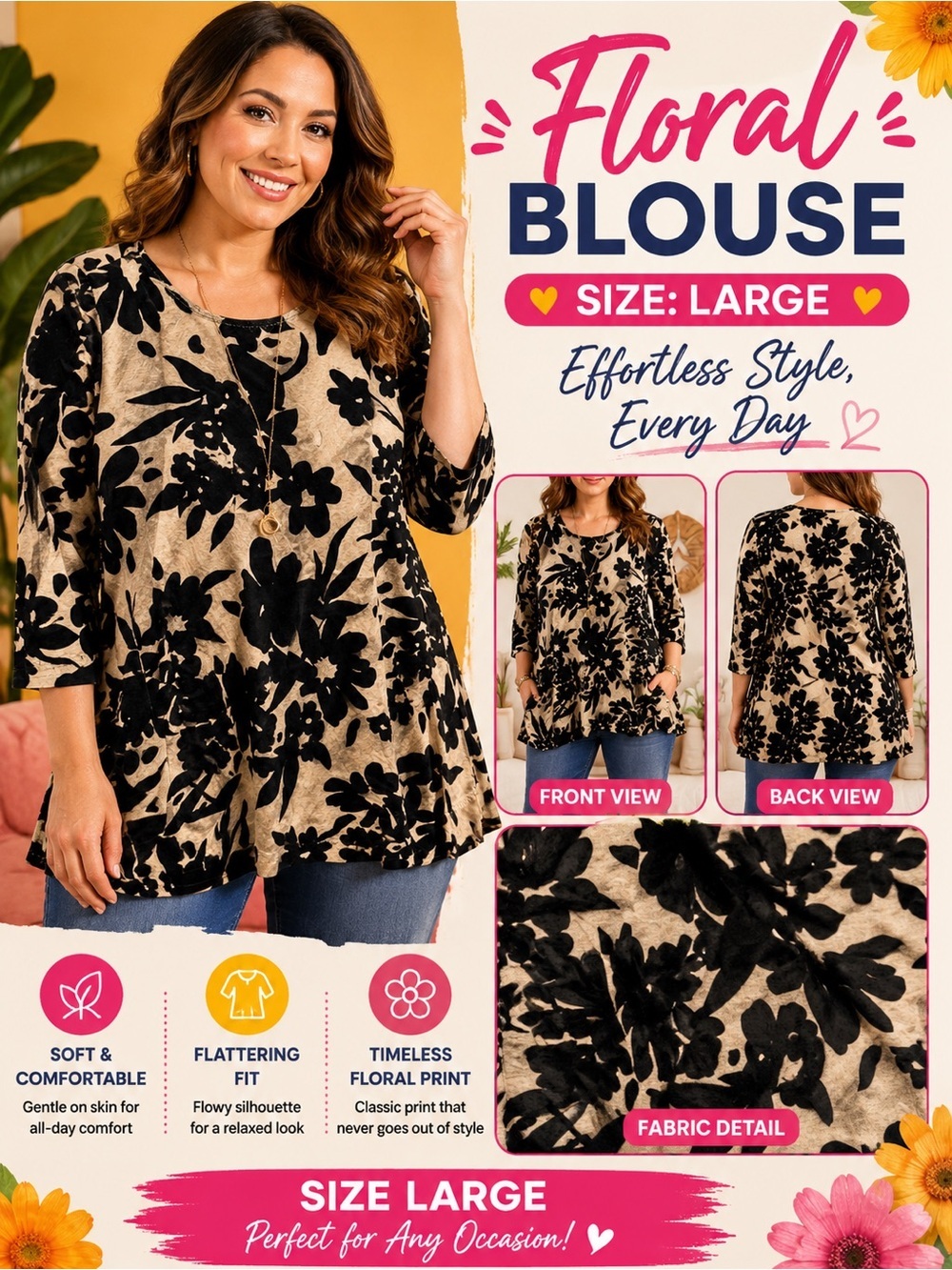 Chelsea & Theodore Black Floral Scoop Neck Long Sleeve Top LARGE